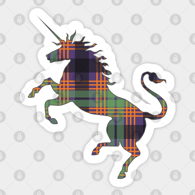 Scottish Purple, Orange and Green Tartan Rearing Unicorn Silhouette Sticker by MacPean